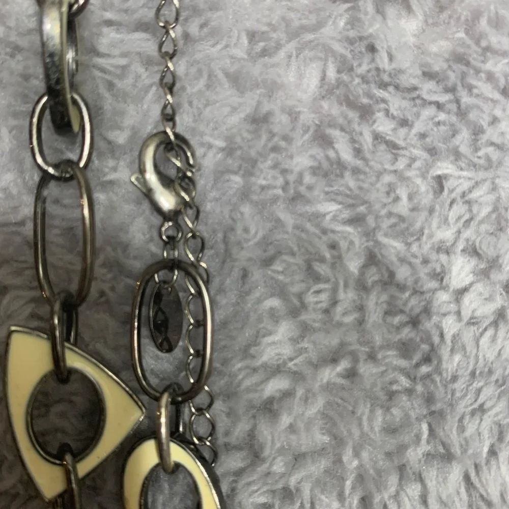 Vintage Silver‎ Tone Chain Belt with Cream Enamel Accents, Adjustable Link Chain